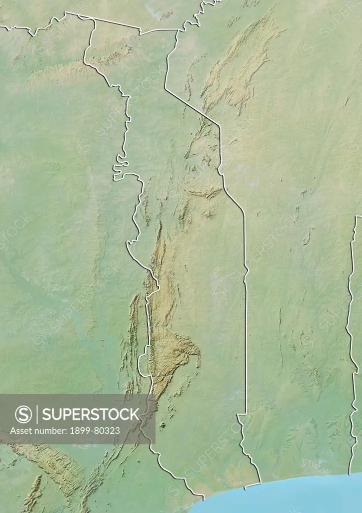 Relief map of Togo (with border). This image was compiled from data acquired by LANDSAT 5 & 7 satellites combined with elevation data.