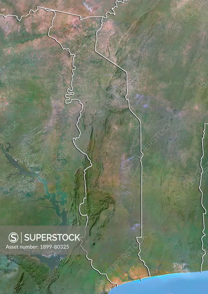 Satellite view of Togo with Bump Effect (with border). This image was compiled from data acquired by LANDSAT 5 & 7 satellites.