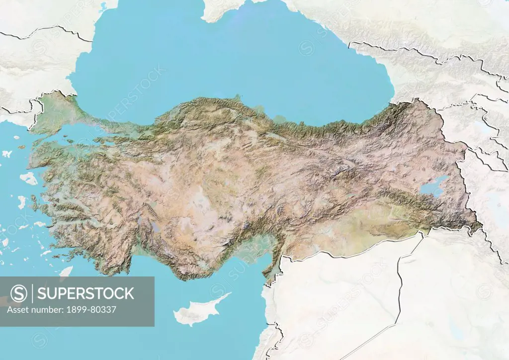 Relief map of Turkey (with border and mask). This image was compiled from data acquired by landsat 5 & 7 satellites combined with elevation data.