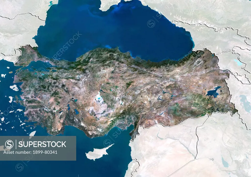 Satellite view of Turkey (with border and mask). This image was compiled from data acquired by LANDSAT 5 & 7 satellites.