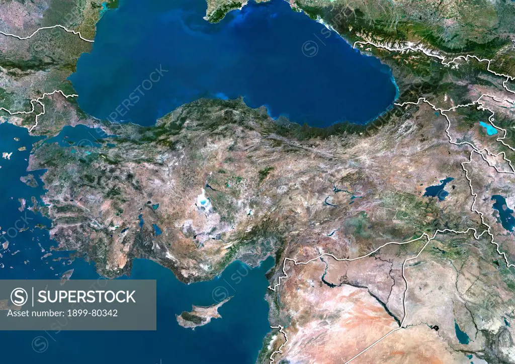 Satellite view of Turkey (with border). This image was compiled from data acquired by LANDSAT 5 & 7 satellites.