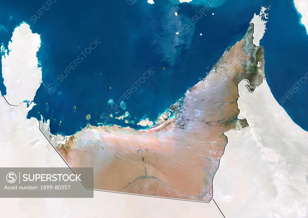 Satellite view of The United Arab Emirates (with border and mask). This image was compiled from data acquired by LANDSAT 5 & 7 satellites.
