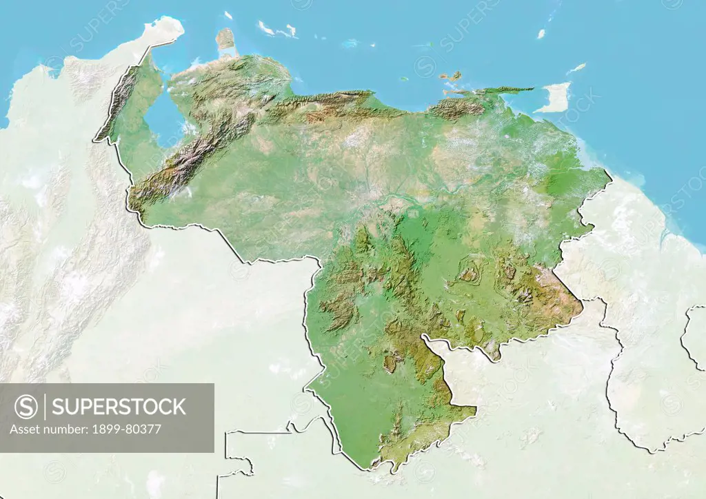 Relief map of Venezuela (with border and mask). This image was compiled from data acquired by landsat 5 & 7 satellites combined with elevation data.