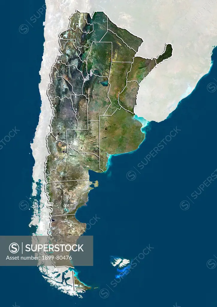 Satellite view of Argentina with boundaries of provinces . This image was compiled from data acquired by LANDSAT 5 & 7 satellites.