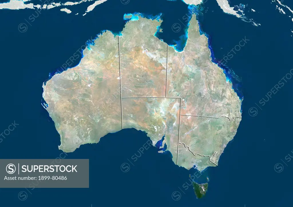 Satellite view of Australia showing the State of Tasmania. This image was compiled from data acquired by LANDSAT 5 & 7 satellites.