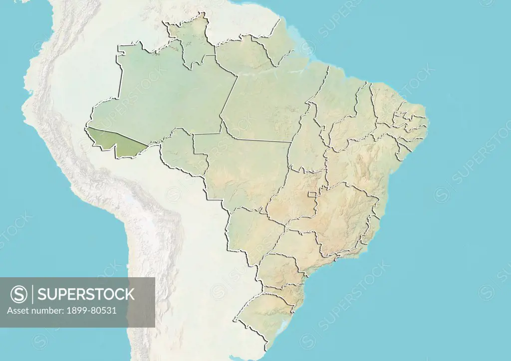 Relief map of Brazil showing the State of Acre. This image was compiled from data acquired by LANDSAT 5 & 7 satellites combined with elevation data.