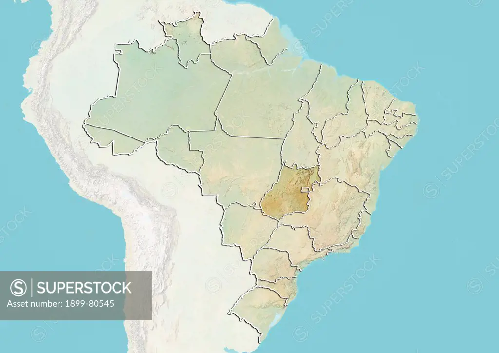 Relief map of Brazil showing the State of Goias. This image was compiled from data acquired by LANDSAT 5 & 7 satellites combined with elevation data.