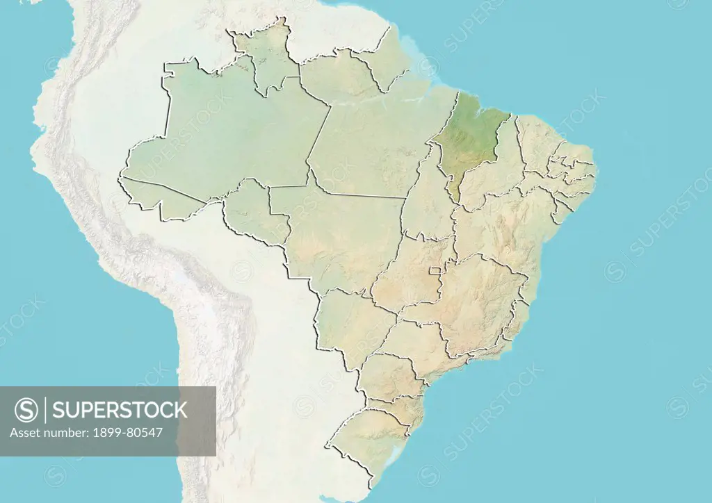 Relief map of Brazil showing the State of Maranhao. This image was compiled from data acquired by LANDSAT 5 & 7 satellites combined with elevation data.