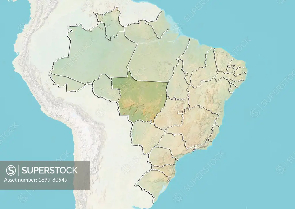 Relief map of Brazil showing the State of Mato Grosso. This image was compiled from data acquired by LANDSAT 5 & 7 satellites combined with elevation data.