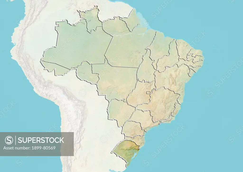 Relief map of Brazil showing the State of Rio Grande do Sul. This image was compiled from data acquired by LANDSAT 5 & 7 satellites combined with elevation data.
