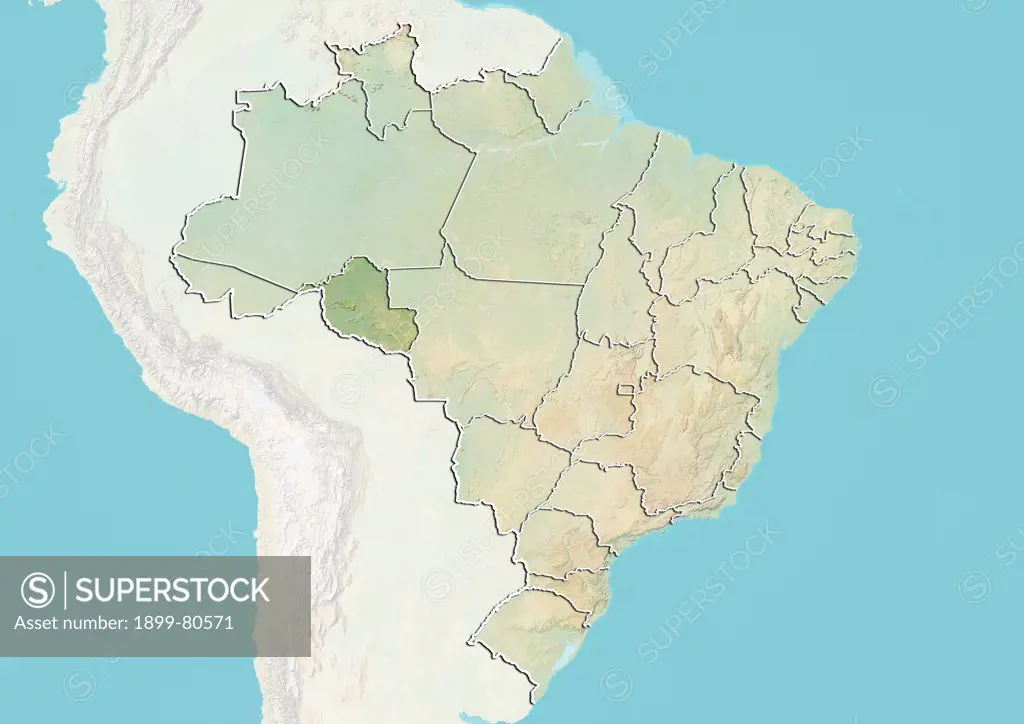 Relief map of Brazil showing the State of Rondonia. This image was compiled from data acquired by LANDSAT 5 & 7 satellites combined with elevation data.