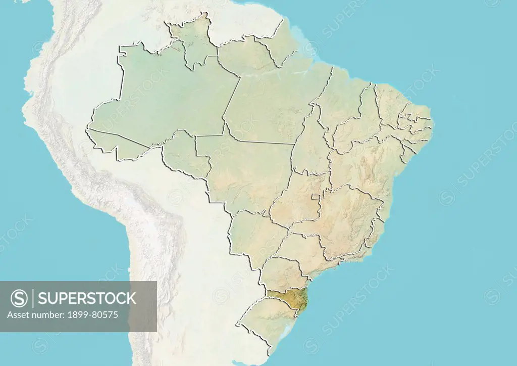 Relief map of Brazil showing the State of Santa Catarina. This image was compiled from data acquired by LANDSAT 5 & 7 satellites combined with elevation data.