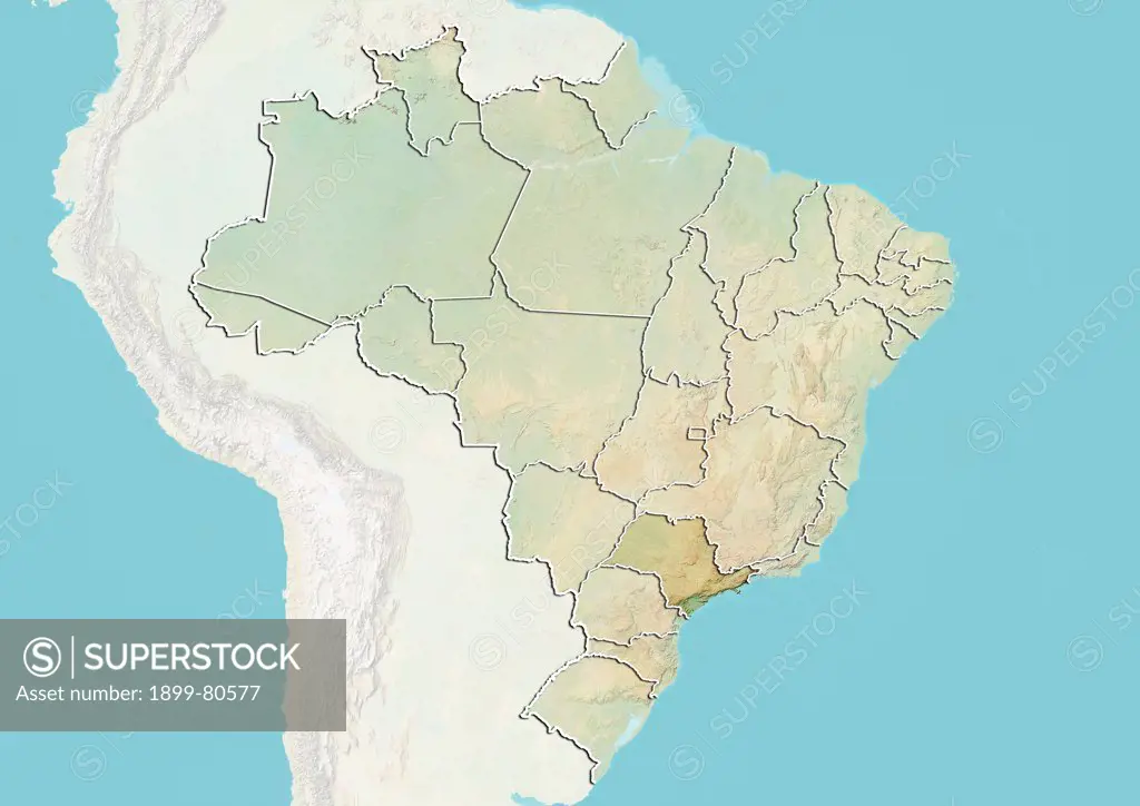 Relief map of Brazil showing the State of Sao Paulo. This image was compiled from data acquired by LANDSAT 5 & 7 satellites combined with elevation data.