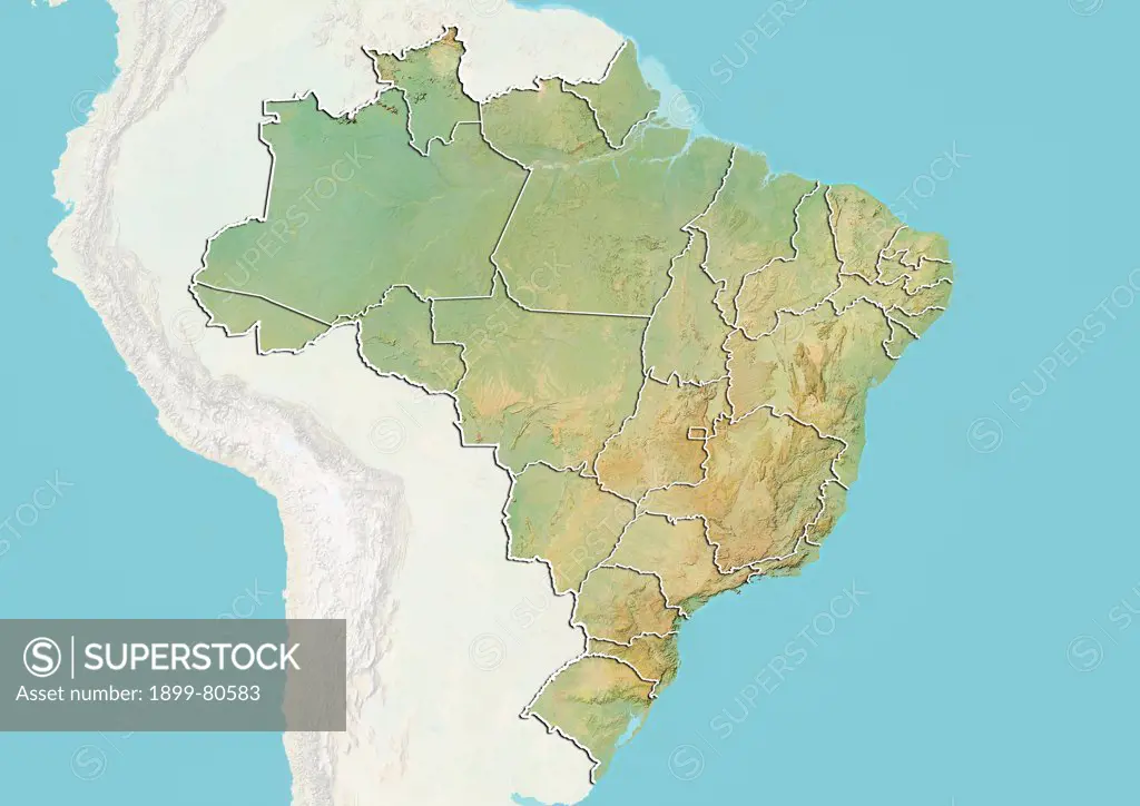 Relief map of Brazil with boundaries of States. This image was compiled from data acquired by LANDSAT 5 & 7 satellites combined with elevation data.