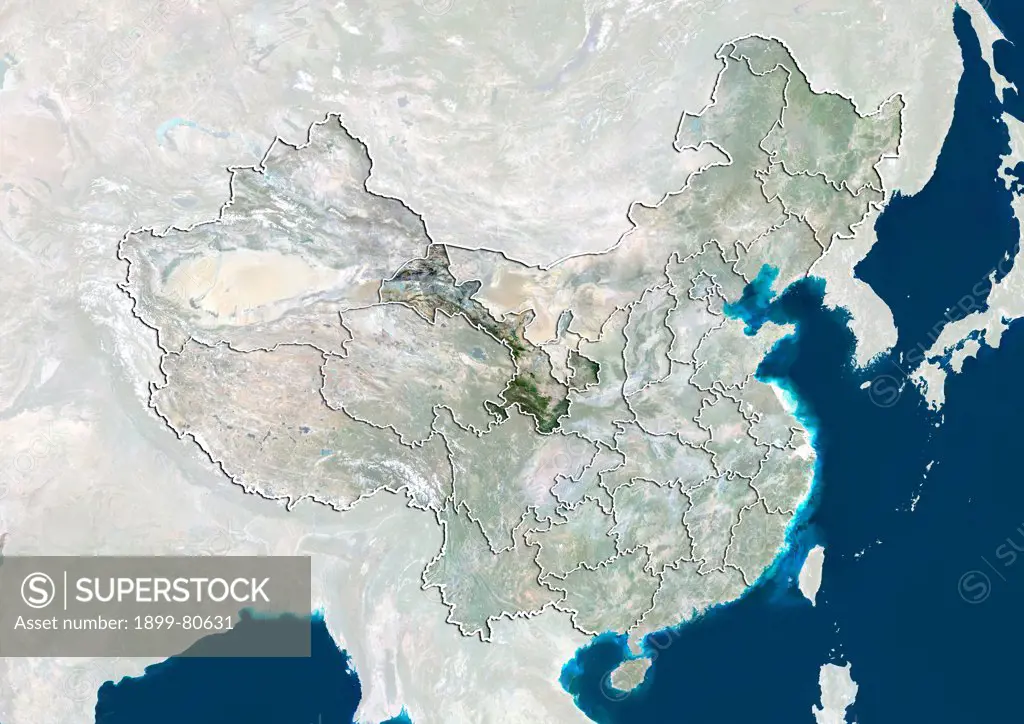 Satellite view of China showing the province of Gansu. This image was compiled from data acquired by LANDSAT 5 & 7 satellites.