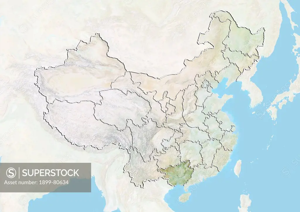 Relief map of China showing the autonomous region of Guangxi Zhuang. This image was compiled from data acquired by LANDSAT 5 & 7 satellites combined with elevation data.