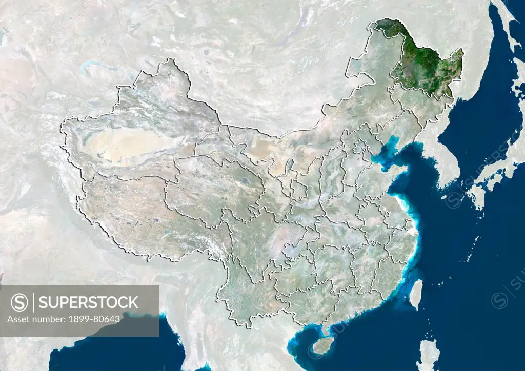 Satellite view of China showing the province of Heilongjiang. This image was compiled from data acquired by LANDSAT 5 & 7 satellites.