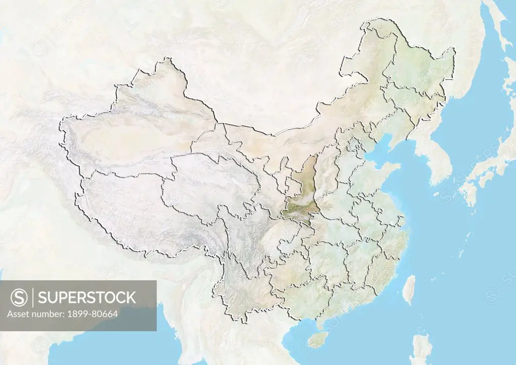 Relief map of China showing the province of Shaanxi. This image was compiled from data acquired by LANDSAT 5 & 7 satellites combined with elevation data.