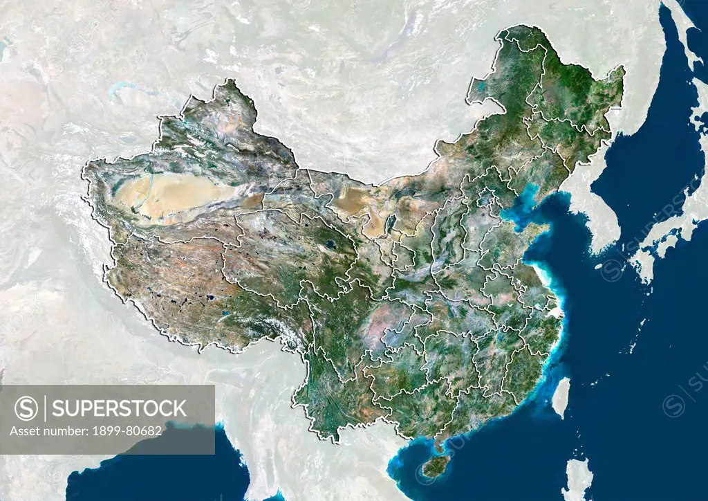 Satellite view of China with boundaries of provinces. This image was compiled from data acquired by LANDSAT 5 & 7 satellites.