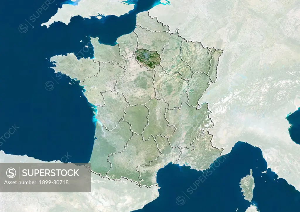Satellite view of France showing the region of Ile-de-France. This image was compiled from data acquired by LANDSAT 5 & 7 satellites.