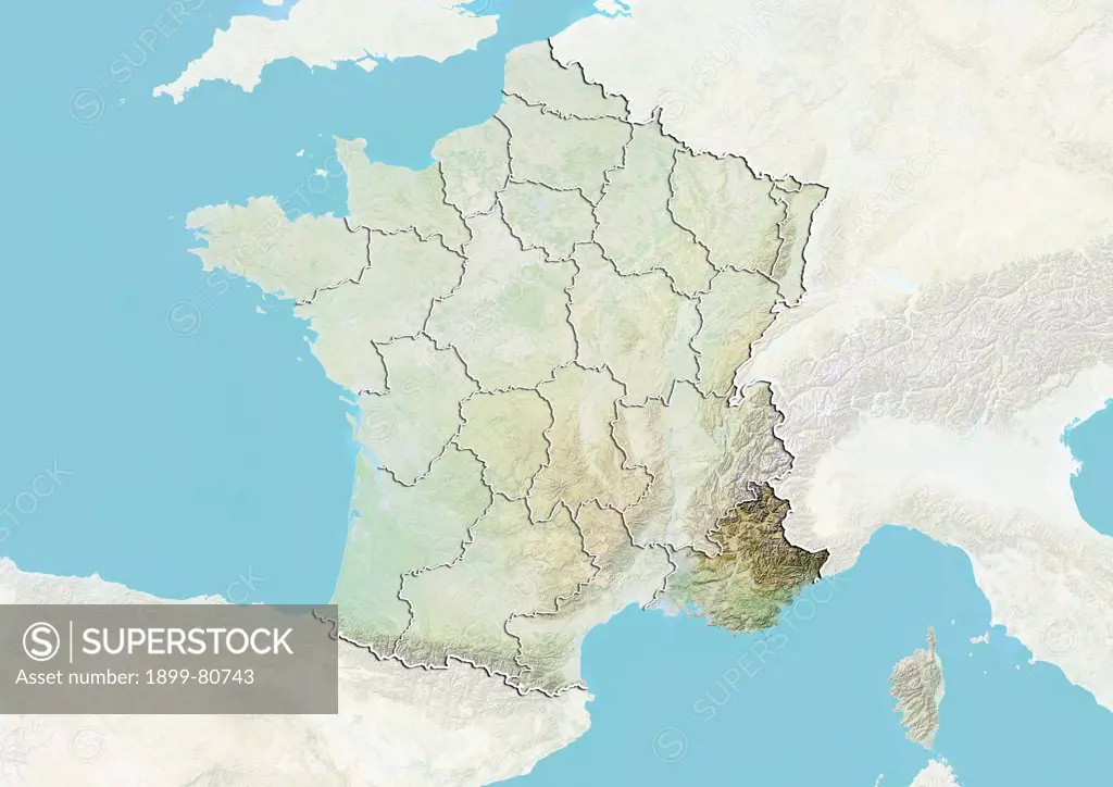 Relief map of France showing the region of Provence-Alpes-Cote d'Azur. This image was compiled from data acquired by LANDSAT 5 & 7 satellites combined with elevation data.
