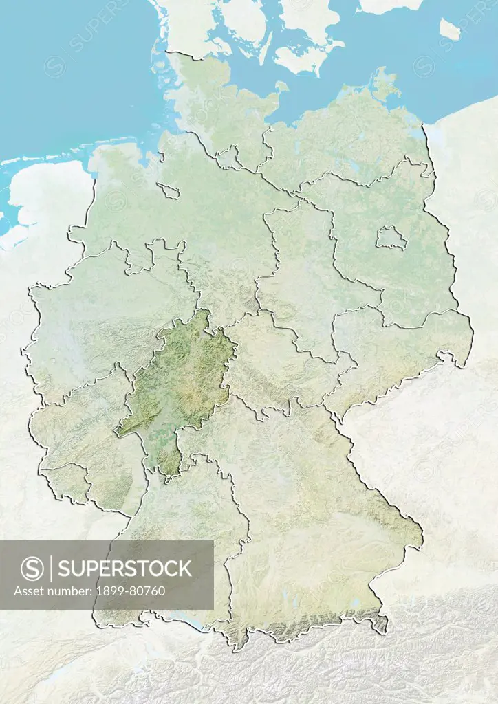 Relief map of Germany showing the State of Hesse. This image was compiled from data acquired by LANDSAT 5 & 7 satellites combined with elevation data.