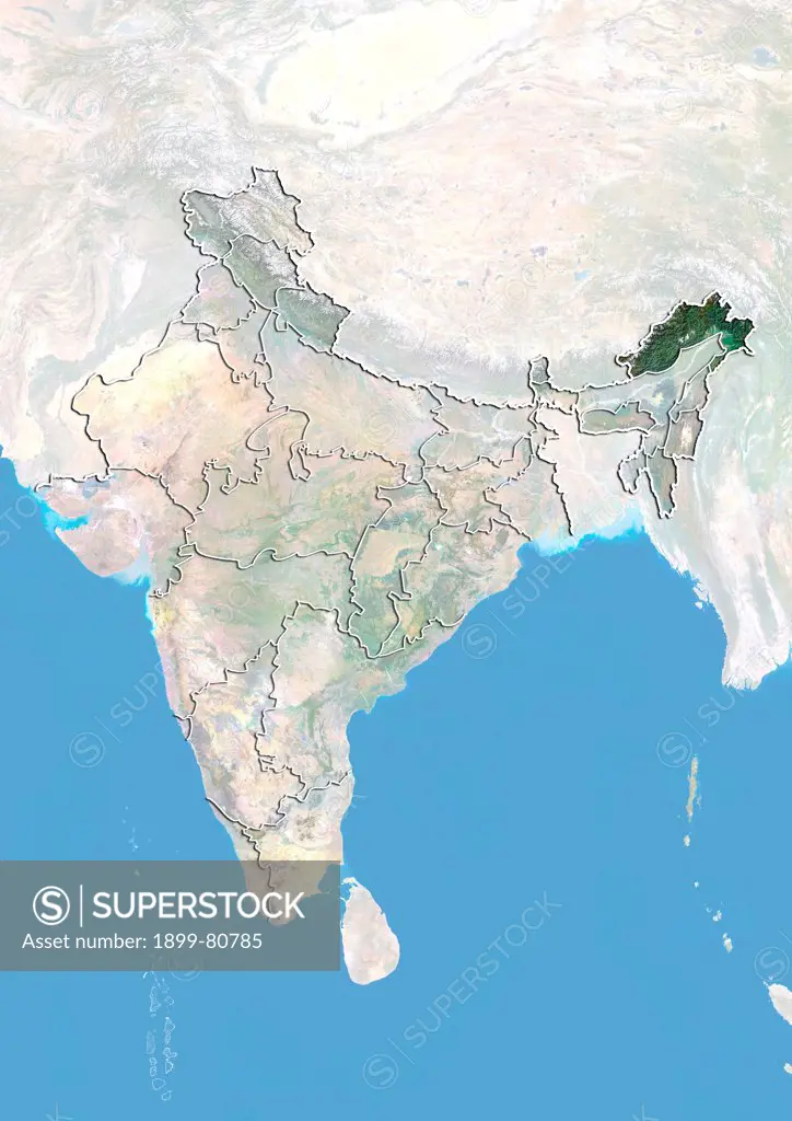 Satellite view of India with bump effect, showing the State of Arunachal Pradesh. This image was compiled from data acquired by LANDSAT 5 & 7 satellites combined with elevation data.