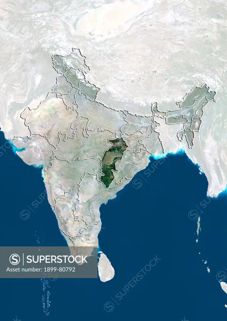 Satellite view of India showing the State of Chhattisgarh. This image was compiled from data acquired by LANDSAT 5 & 7 satellites.