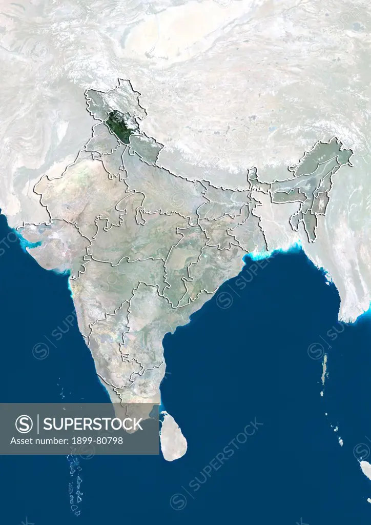 Satellite view of India showing the State of Himachal Pradesh. This image was compiled from data acquired by LANDSAT 5 & 7 satellites.