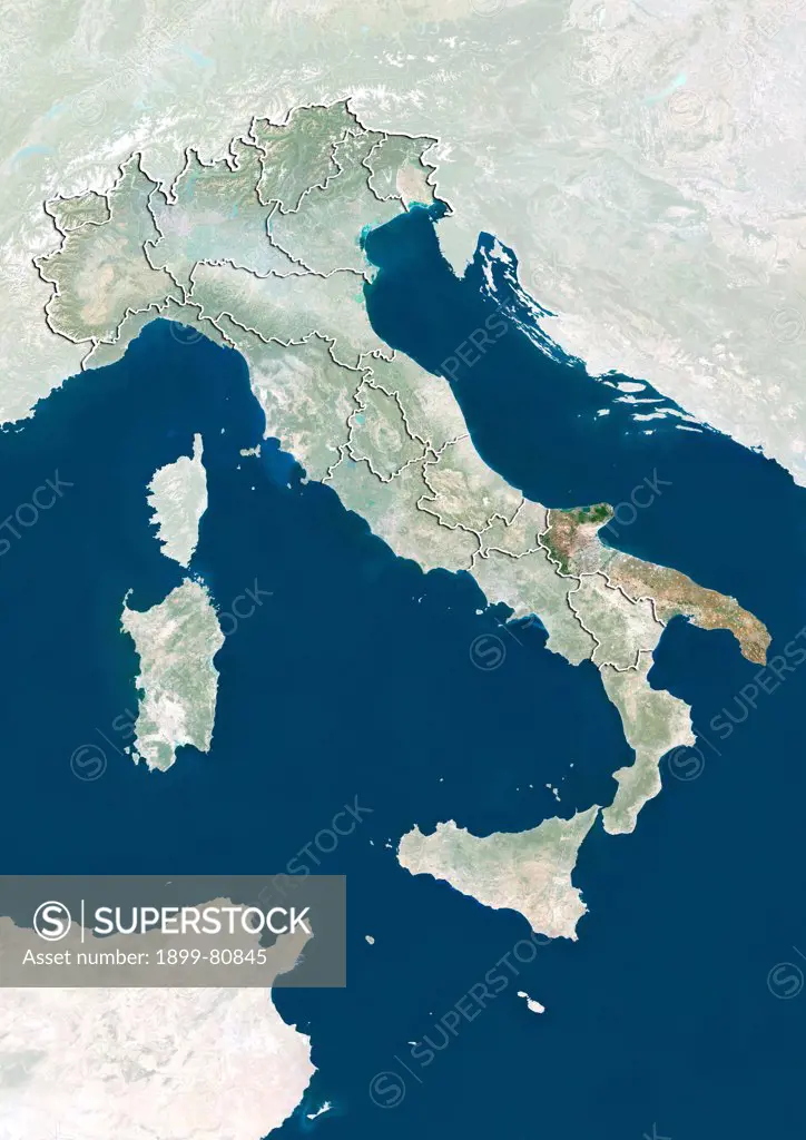Satellite view of Italy showing the region of Apulia. This image was compiled from data acquired by LANDSAT 5 & 7 satellites.