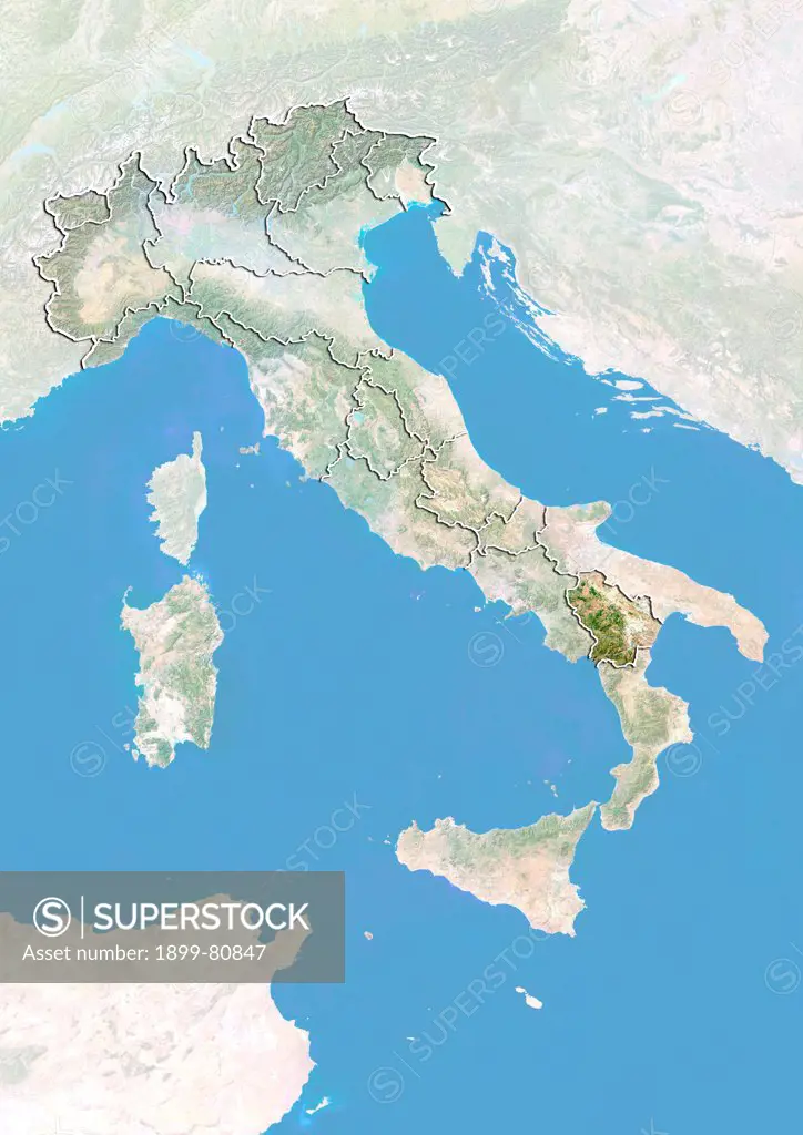 Satellite view of Italy with bump effect, showing the region of Basilicata. This image was compiled from data acquired by LANDSAT 5 & 7 satellites combined with elevation data.