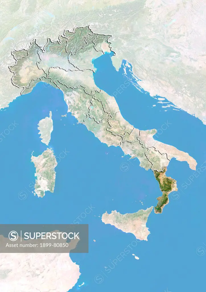Satellite view of Italy with bump effect, showing the region of Calabria. This image was compiled from data acquired by LANDSAT 5 & 7 satellites combined with elevation data.