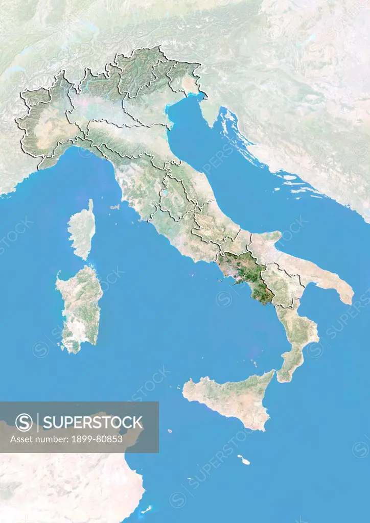 Satellite view of Italy with bump effect, showing the region of Campania. This image was compiled from data acquired by LANDSAT 5 & 7 satellites combined with elevation data.