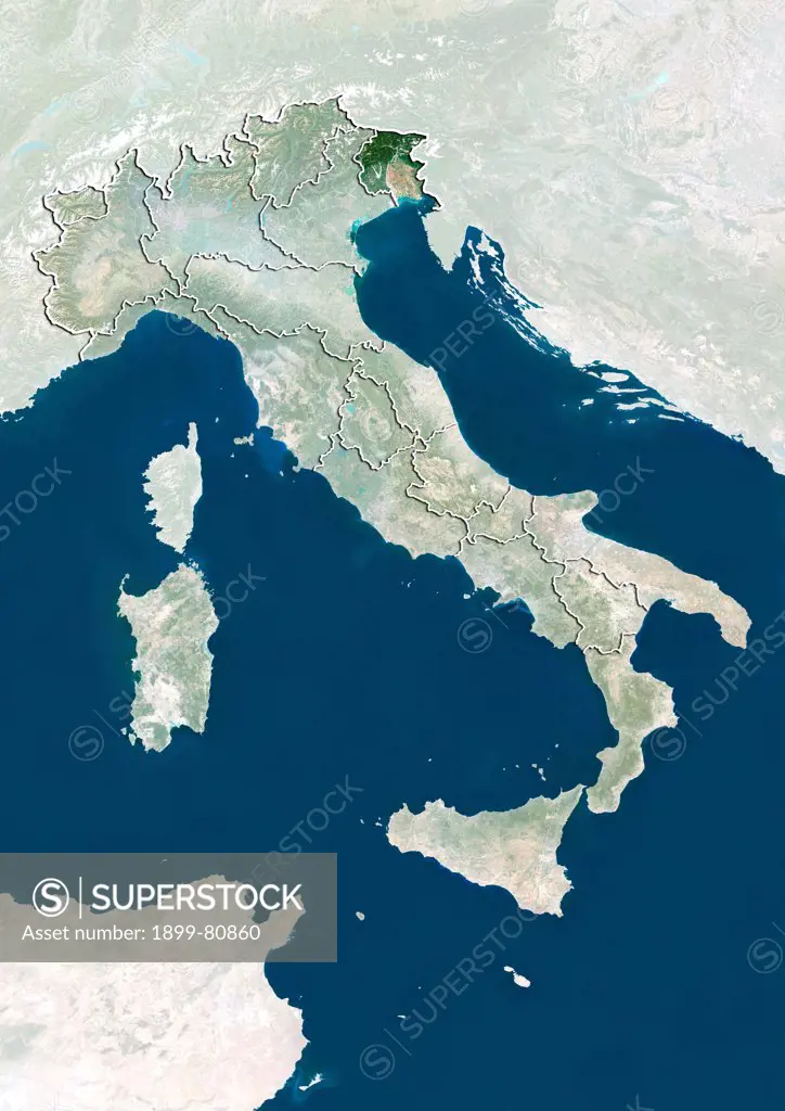 Satellite view of Italy showing the region of Friuli-Venezia Giulia. This image was compiled from data acquired by LANDSAT 5 & 7 satellites.