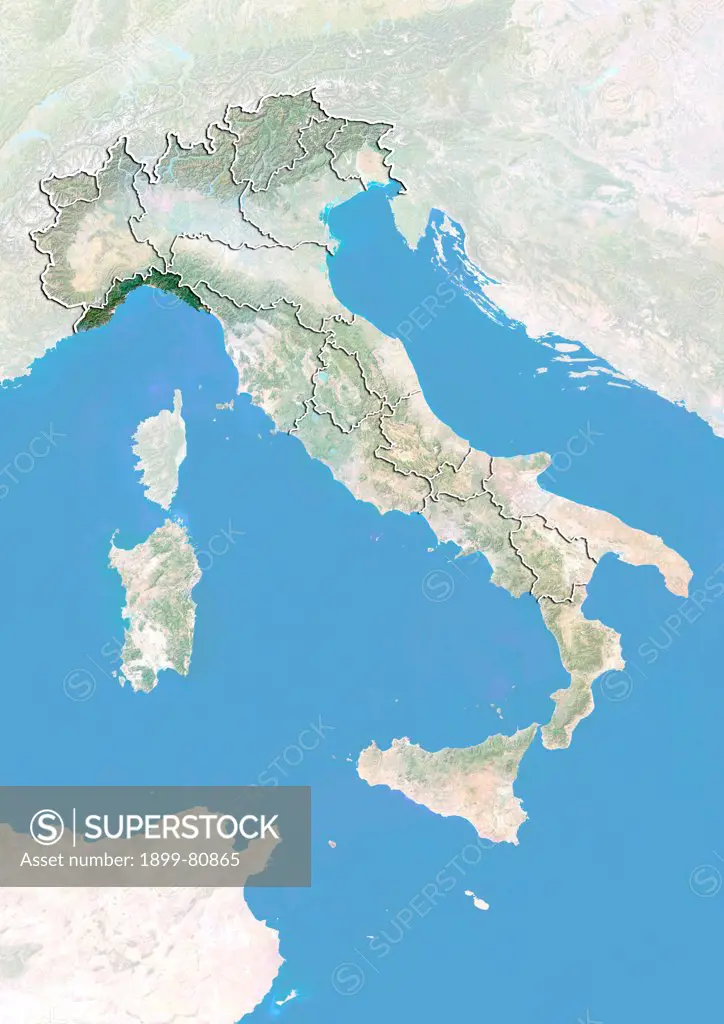 Satellite view of Italy with bump effect, showing the region of Liguria. This image was compiled from data acquired by LANDSAT 5 & 7 satellites combined with elevation data.