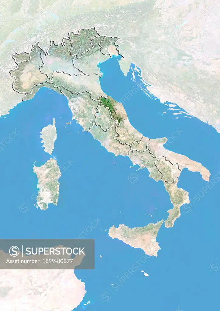 Satellite view of Italy with bump effect, showing the region of Marche. This image was compiled from data acquired by LANDSAT 5 & 7 satellites combined with elevation data.