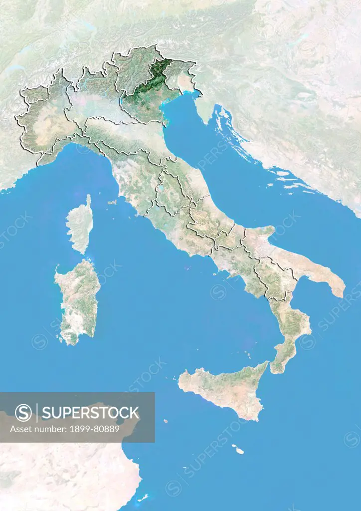 Satellite view of Italy with bump effect, showing the region of Veneto. This image was compiled from data acquired by LANDSAT 5 & 7 satellites combined with elevation data.