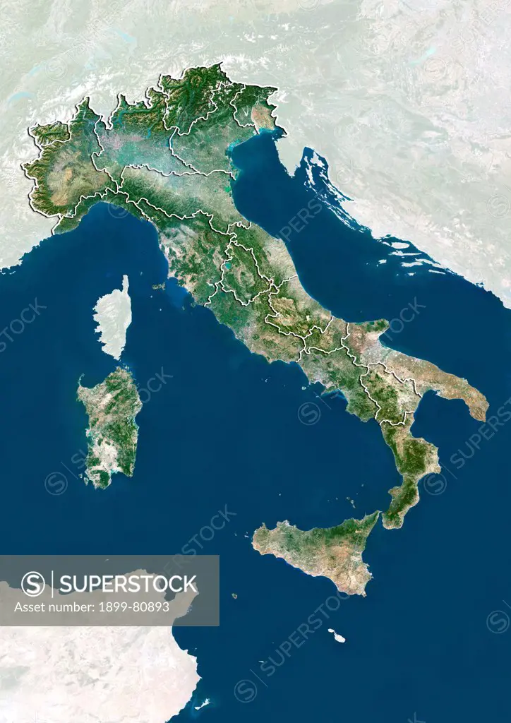 Satellite view of Italy with boundaries of regions. This image was compiled from data acquired by LANDSAT 5 & 7 satellites.