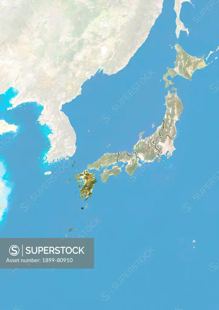 Satellite view of Japan with bump effect, showing the region of Kyushu. This image was compiled from data acquired by LANDSAT 5 & 7 satellites combined with elevation data.
