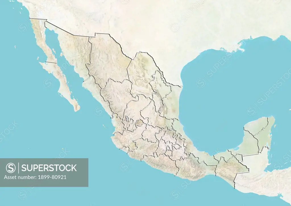 Relief map of Mexico showing the State of Aguascalientes. This image was compiled from data acquired by LANDSAT 5 & 7 satellites combined with elevation data.