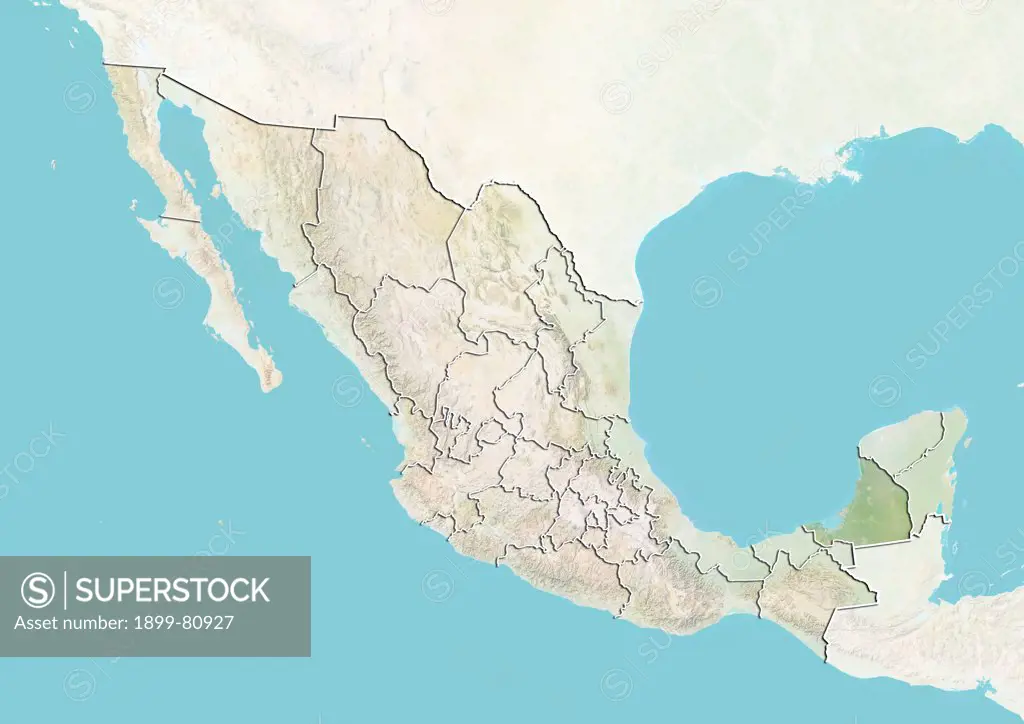 Relief map of Mexico showing the State of Campeche. This image was compiled from data acquired by LANDSAT 5 & 7 satellites combined with elevation data.