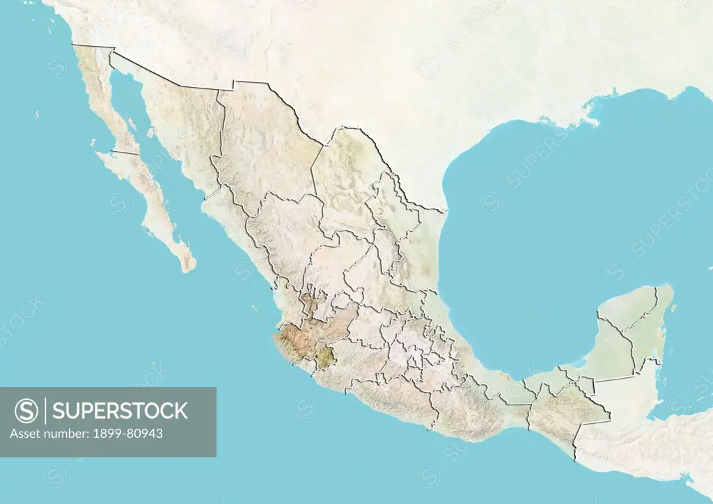 Relief map of Mexico showing the State of Jalisco. This image was compiled from data acquired by LANDSAT 5 & 7 satellites combined with elevation data.