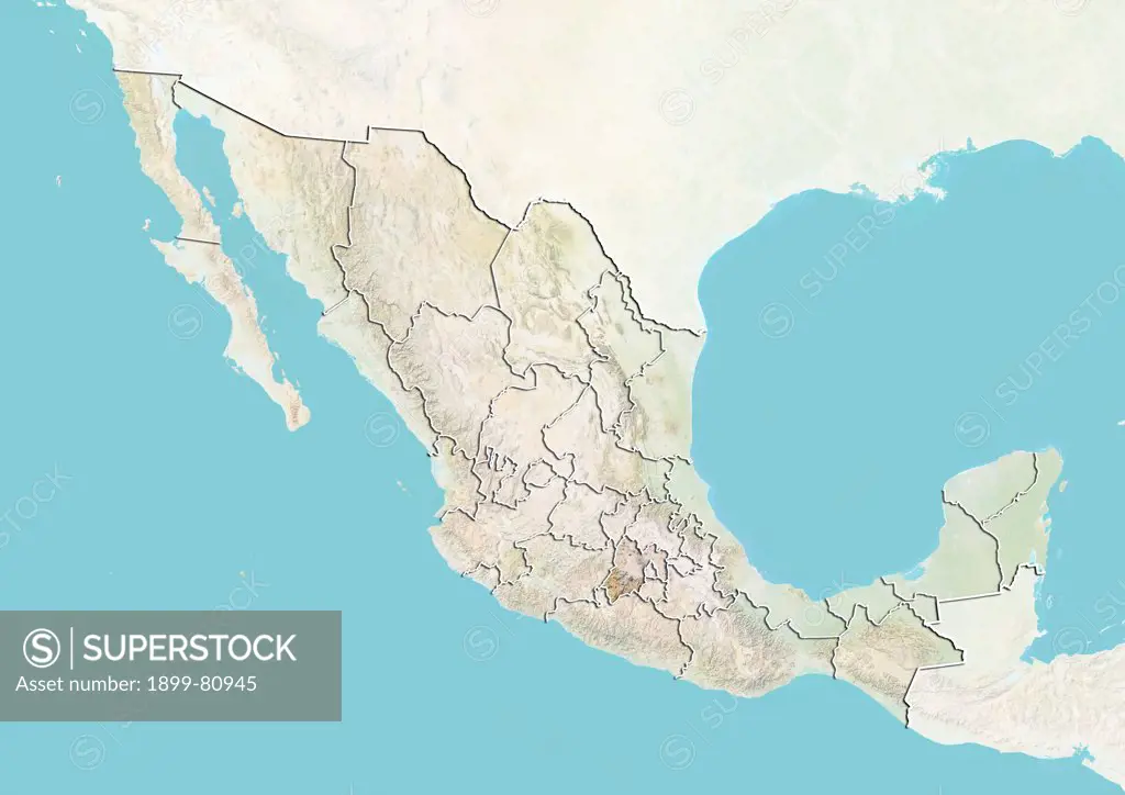 Relief map of Mexico showing the State of Mexico. This image was compiled from data acquired by LANDSAT 5 & 7 satellites combined with elevation data.
