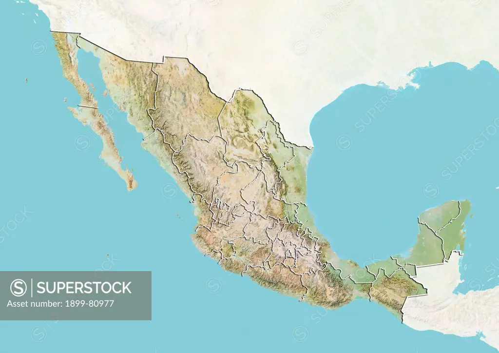 Relief map of Mexico with state boundaries. This image was compiled from data acquired by LANDSAT 5 & 7 satellites combined with elevation data.