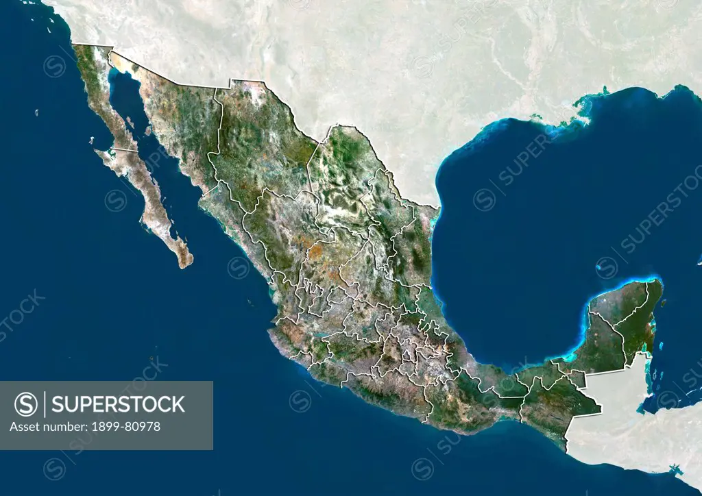 Satellite view of Mexico with state boundaries. This image was compiled from data acquired by LANDSAT 5 & 7 satellites.