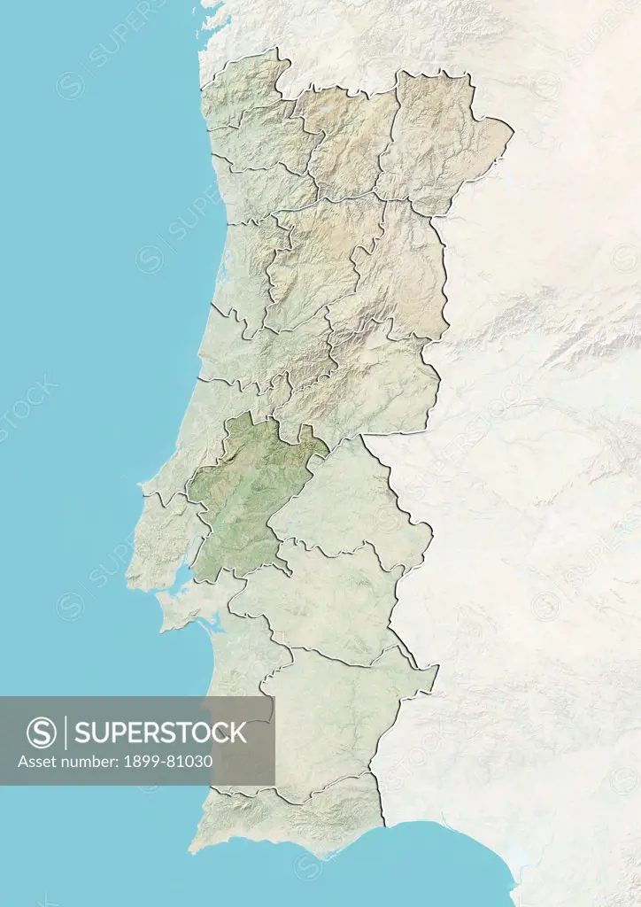 Relief map of Portugal showing the district of Santarem. This image was compiled from data acquired by LANDSAT 5 & 7 satellites combined with elevation data.