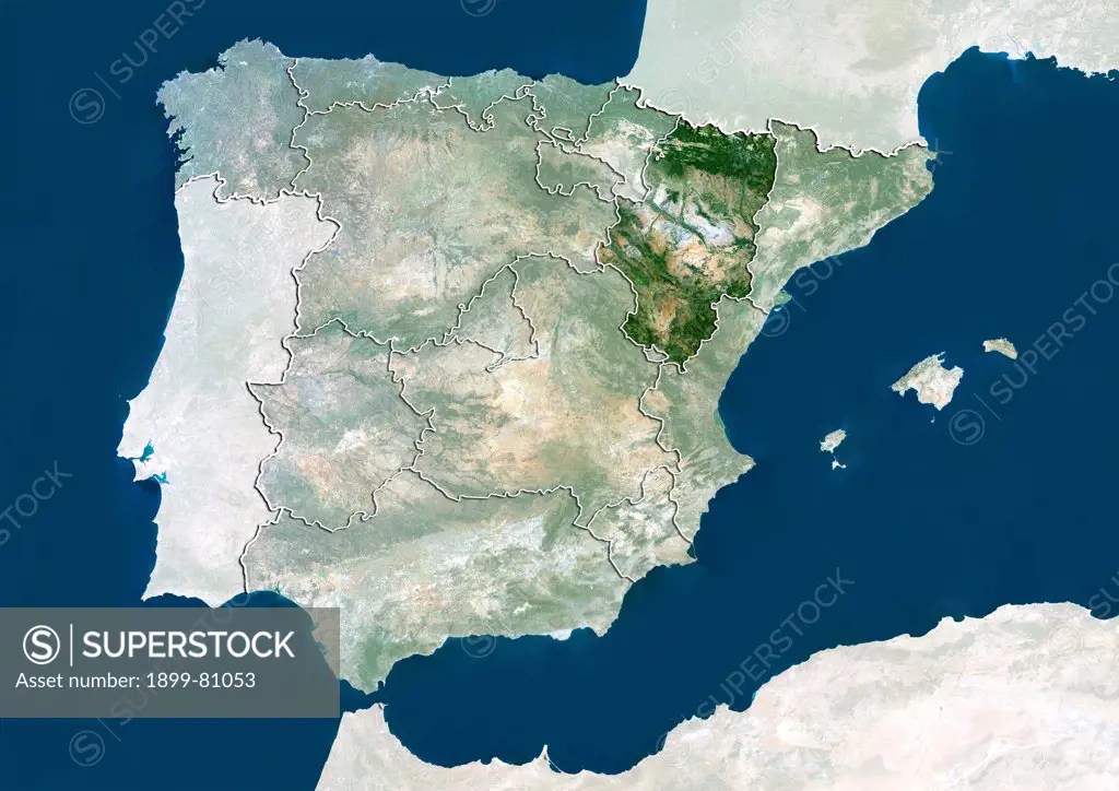 Satellite view of Spain showing the region of Aragon. This image was compiled from data acquired by LANDSAT 5 & 7 satellites.