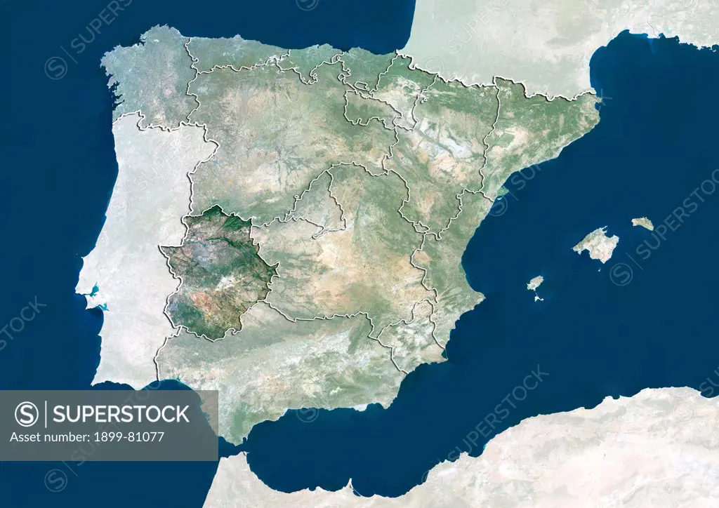Satellite view of Spain showing the region of Extremadura. This image was compiled from data acquired by LANDSAT 5 & 7 satellites.