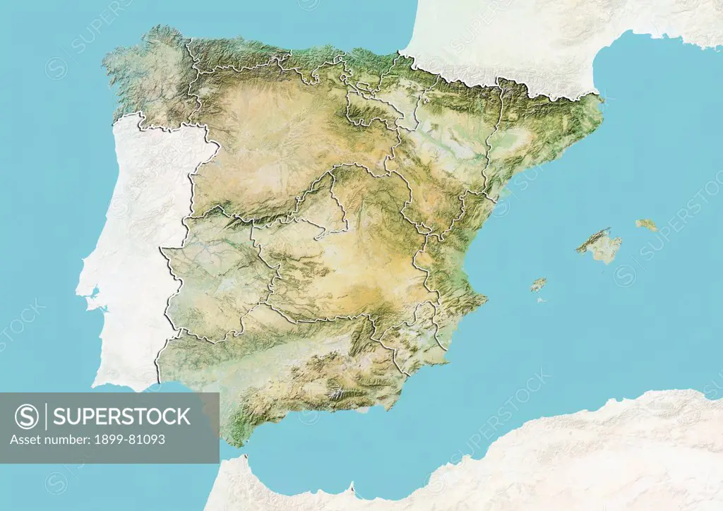 Relief map of Spain with region boundaries. This image was compiled from data acquired by LANDSAT 5 & 7 satellites combined with elevation data.