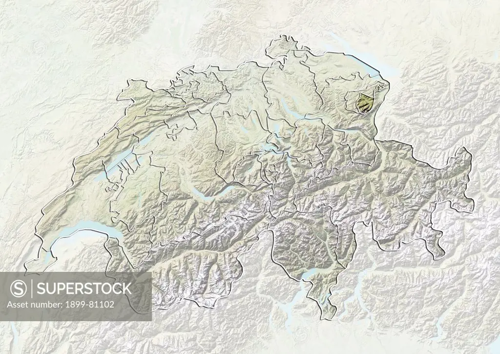 Relief map of Switzerland showing the canton of Appenzell Innerrhoden. This image was compiled from data acquired by LANDSAT 5 & 7 satellites combined with elevation data.